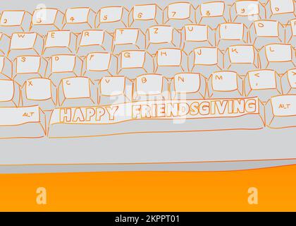 Computertastatur mit Happy Friendsgiving-Text. Nahaufnahme eines elektronischen Computergeräts, einer Tastatur. Stock Vektor