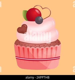 Cupcake mit herzförmiger Schokolade und Kirsche auf dem Teller in flacher Form, isoliert auf gelbem Hintergrund. Liebe, Valentinstag-Konzept. Vektordarstellung Stock Vektor