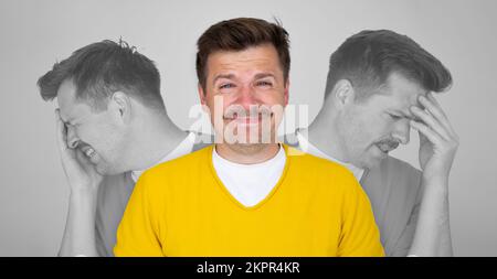 Mehrfachbelichtungsportrait eines jungen europäischen Kaukasiers in Depressionen Stockfoto