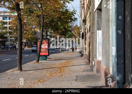 Die Blätter fallen auf dem Gehweg von Mannerheimintie im Stadtteil Taka-Töösti in Helsinki, Finnland Stockfoto