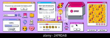 Y2K Fenster, Retro-Bildschirme in retrowave, Vaporwave-Vintage-Stil. Computer-Browser und Ladeprozessleiste, Videoplayer, pc-Desktop-Fehlermeldungsfeld und Popup-Elemente der Benutzeroberfläche, Vektor-ux-Set Stock Vektor