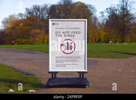 London, Großbritannien. 28.. November 2022 Schild „nicht füttern Sie die Vögel“ warnt vor einem Ausbruch der Vogelgrippe am Round Pond in Kensington Gardens. Trotz der auffälligen Anzeichen füttern die Menschen die Vögel weiter, was sie ermutigt, sich zu gruppieren, was die Wahrscheinlichkeit der Ausbreitung des Virus erhöht. Kredit: Vuk Valcic/Alamy Live News Stockfoto