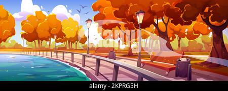 Herbstkai im Stadtpark mit Blick auf die umzäunte Flussbucht, Holzbänke, Orangen- und Gelbbäume, Abfalleimer und Straßenlampen. Hintergrund des Fußwegs am Ufer, Cartoon-Vektordarstellung Stock Vektor