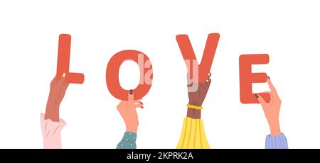 Eine Gruppe verschiedener weiblicher Hände mit dem roten Wort "Liebe". Verschiedene multiethnische Menschen sind zusammen. Handgezeichnete Vektorgrafik im Cartoon-Stil Stock Vektor