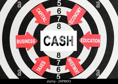 Geschäfts- und Finanzkonzept. Auf der Zielscheibe zeigen Pfeile mit Geschäftsbuchstaben in die Mitte auf einer Visitenkarte mit der Aufschrift "BARGELD" Stockfoto