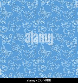 Süßes Schmetterlingsmuster. Blauer nahtloser Hintergrund mit weißen Doodle fliegenden Insekten. Schwarzweißdruck. Vektorwiederholung für Designs, Textilien, Stock Vektor