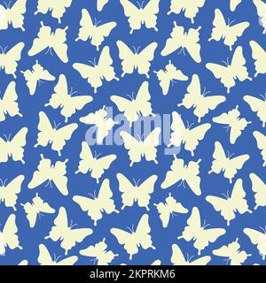 Makhaon Schmetterlinge Silhouetten Muster. Nahtloser Hintergrund mit wunderschönen fliegenden Insekten. Blauer und gelber Aufdruck. Vektorwiederholung für Desi Stock Vektor