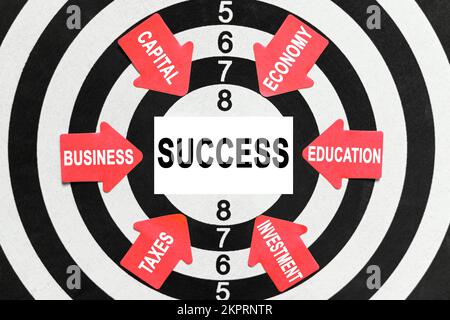 Geschäfts- und Finanzkonzept. Auf der Zielscheibe zeigen Pfeile mit Geschäftsbuchstaben in die Mitte einer Visitenkarte mit der Aufschrift "SUCCESS" Stockfoto