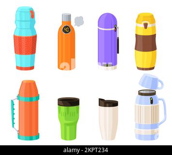 Thermos-Cartoon-Vektor. Thermobecher, isoliertes Set. Wiederverwendbarer Kolben zur Illustration von heißem Kaffee, warmem Tee und Wasser. Kunststoff und Vakuum Edelstahl bo Stock Vektor
