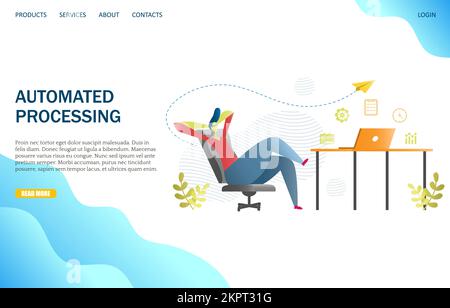 Vektor-Website-Vorlage für automatisierte Verarbeitung, Webseiten- und Landing-Page-Design für Website- und mobile Website-Entwicklung. Automatisierte Workflow-Automatisierung Stock Vektor