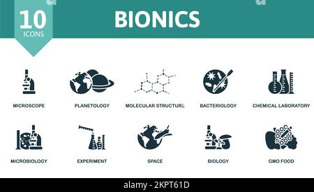 Bionische Symbolgruppe. Monochrome Simple Bionics Icon Kollektion. Mikroskop, Planetologie, Molekularstruktur, Bakteriologie, Chemielabor Stock Vektor