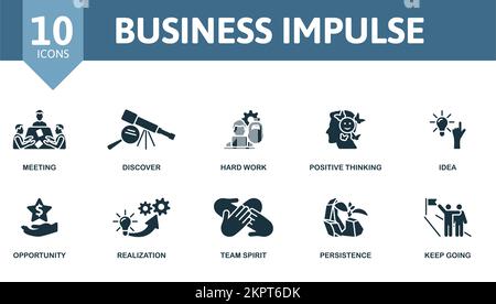 Symbolgruppe „Business Impulse“. Einfarbige Simple Business Impulse Icon Kollektion. Meeting, Entdecken, Harte Arbeit, Positives Denken, Idee, Gelegenheit Stock Vektor