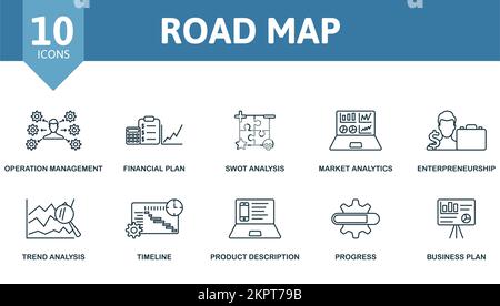 Symbolgruppe „Straßenkarte“. Einfarbige Symbolsammlung für einfache Straßenkarten. Betriebsmanagement, Finanzplan, Swot-Analyse, Marktanalyse Stock Vektor