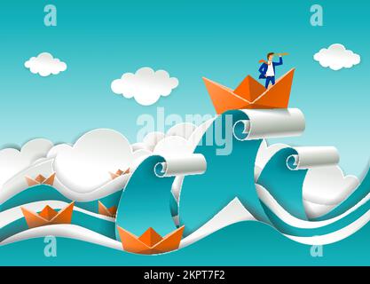 Konzeptposter für Führungskräfte im Papierkunst-Origami-Stil. Ein Geschäftsmann, der durch ein Teleskop schaut, im Boot auf der Spitze der Meereswelle steht. Bus Stock Vektor