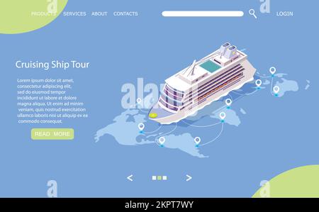 Vorlage für Website-Vektor für Kreuzfahrtschiffe, Website- und Landing-Page-Design für Website- und mobile Website-Entwicklung. Isometrisches Kreuzfahrtschiff auf der Welt ma Stock Vektor