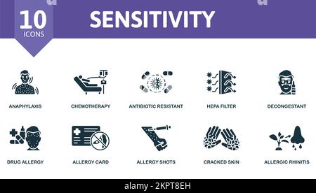 Symbolsatz für Empfindlichkeit. Einfarbige Sammlung einfacher Empfindlichkeitssymbole. Anaphylaxie, Chemotherapie, Antibiotikaresistenz, Hepa-Filter, Dekongestivum, Drogen Stock Vektor