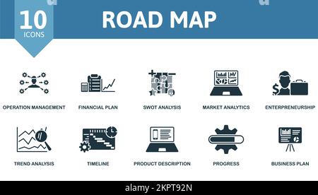 Symbolgruppe „Straßenkarte“. Einfarbige Symbolsammlung für einfache Straßenkarten. Betriebsmanagement, Finanzplan, Swot-Analyse, Marktanalyse Stock Vektor