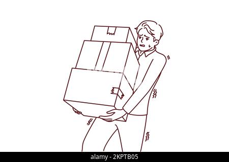 Müder junger Mann, der Stapel von Kisten trägt. Erschöpfter männlicher Träger mit Stapel von Pappverpackungen. Lieferkonzept. Vektorgrafik. Stock Vektor