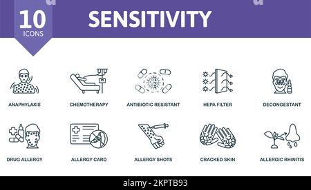 Symbolsatz für Empfindlichkeit. Einfarbige Sammlung einfacher Empfindlichkeitssymbole. Anaphylaxie, Chemotherapie, Antibiotikaresistenz, Hepa-Filter, Dekongestivum, Drogen Stock Vektor