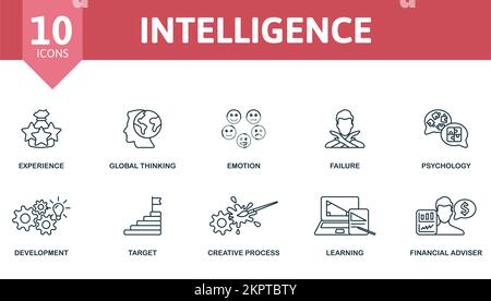 Intelligente Symbolgruppe. Einfarbige Simple Intelligence Symbolsammlung. Erfahrung, Global Thinking, Emotion, Misserfolg, Psychologie, Entwicklung, Ziel Stock Vektor