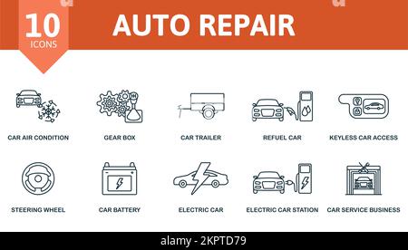 Symbolgruppe für automatische Reparatur. Einfarbige Symbolsammlung für einfache Autoreparatur. Fahrzeugklimaanlage, Getriebe, Anhänger, Fahrzeug Auftanken, Schlüsselloser Zugang Stock Vektor