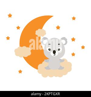 Süßer kleiner Koala, der auf der Wolke sitzt. Zeichentrickfigur für Kinder-T-Shirt, Kinderzimmer Dekoration, Babyparty, Grußkarten, Einladungen, Intern. Haus Stock Vektor