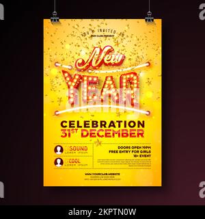 Vorlage für die Silvesterparty 2023 mit leuchtenden Neonlichtern und Markee-Schriftzug auf gelbem Hintergrund. Vector Holiday Celebration Stock Vektor