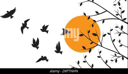 Fliegende Vögel, Silhouetten und Bäume, Illustration auf Sonnenuntergang, Vektor. Skandinavisches minimalistisches Posterdesign. Moderne Wandgestaltung, Kunstwerke Stock Vektor