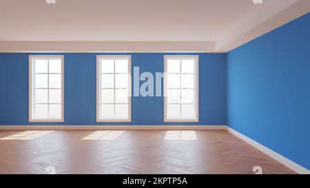 Blauer leerer Raum mit weißer Decke und Korn, glänzendem Parkettboden mit Fischgrätmuster, drei großen Fenstern und einem weißen Sockel. Sonniges, Wunderschönes Interieur. 3D Abbildung, 8K Ultra HD, 7680x4320 Stockfoto