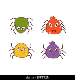 Lustige Spinnen-Set. Halloween-Element. Süßes-oder-Saures-Konzept. Vektordarstellung im handgezeichneten Stil. Stock Vektor