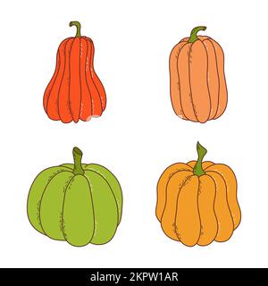 Set von Kürbis in verschiedenen Formen und Farben. Thanksgiving und halloween Elemente. Vektorgrafik im handgezeichneten Stil. Stock Vektor
