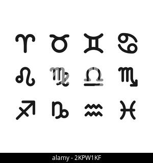 Zwölf Zodiakzeichen westlicher Astrologie, schwarze Glyphe-Symbole, die auf weißem Raum stehen Stock Vektor
