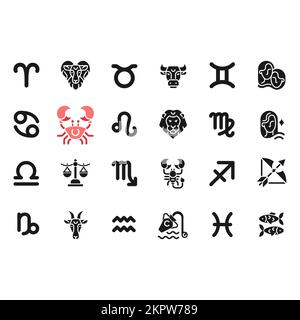 Zodiac-Zeichen, schwarze Glyphe, große Symbole, die auf weiße Flächen gesetzt sind Stock Vektor