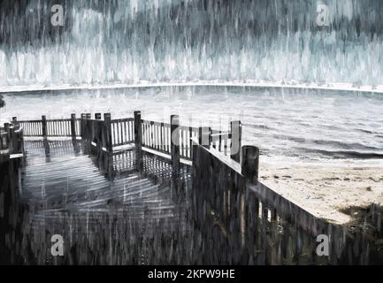 Moderner Impressionismus digitales Ölgemälde eines ruhigen Strandanlegs in der Dämmerung inmitten eines Regenfalls. Spucken Sie im Regen Stockfoto