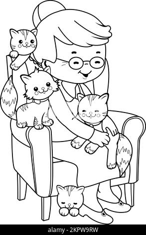 Eine alte Frau, die mit ihren Katzen im Sessel sitzt. Schwarzweiß-Vektorfarbseite Stock Vektor