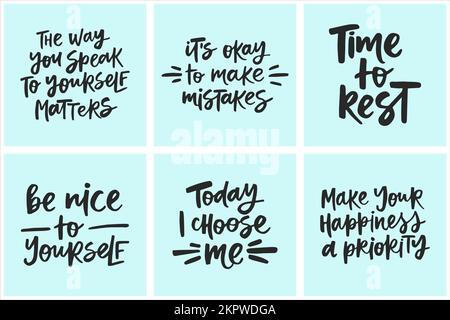Satz handgeschriebener inspirierender Zitate über psychische Gesundheit. Sammlung kreativer Kalligrafien für Karten, Poster, T-Shirts usw. Stock Vektor
