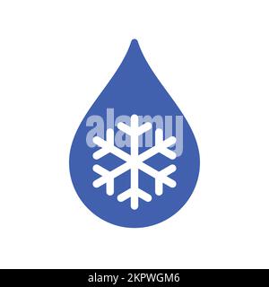 Einfacher blauer kalter Wassertröpfchen mit Schneeflockensymbol-Emblem Gefriervektor isoliert auf weißem Hintergrund Stock Vektor