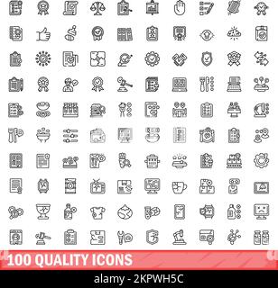 100 Qualitätssymbole eingestellt. Umrissdarstellung der 100-Qualitätssymbole, Vektorsatz isoliert auf weißem Hintergrund Stock Vektor