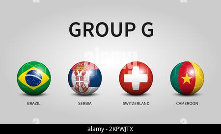 Katar Fifa Fußballweltmeisterschaft 2022 . Gruppe G Stufen . Fußball mit Landesflaggenmuster. Vector . Stock Vektor