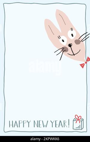 Eine Karte zum frohen neuen Jahr. Süßes, lustiges Häschen, das um die Ecke aus dem Fenster guckt. 2023 ist das Jahr des Hasen im chinesischen Kalender. Freier Platz für Gre Stock Vektor