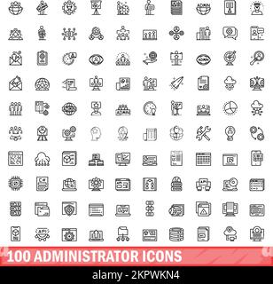 100-Administratorsymbole festgelegt. Gliederungsdarstellung der 100-Administratorsymbole Vektorsatz isoliert auf weißem Hintergrund Stock Vektor