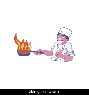 Mann kocht, Flammentechnik in der Pfanne. Stock Vektor