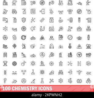 100 Chemie-Symbolsatz. Gliederungsdarstellung von 100 chemischen Symbolen Vektorsatz isoliert auf weißem Hintergrund Stock Vektor