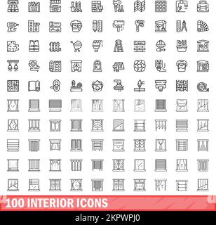 100 Symbole für den Innenraum. Umrissdarstellung von 100 inneren Symbolen, Vektorsatz isoliert auf weißem Hintergrund Stock Vektor