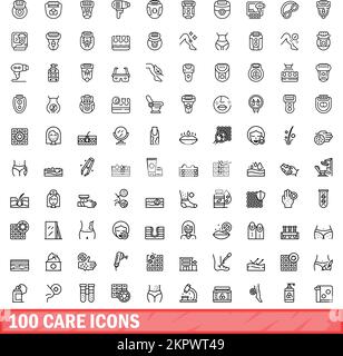 100 Pflegesymbole eingestellt. Gliederung der Darstellung von 100 Pflegesymbolen, Vektorsatz isoliert auf weißem Hintergrund Stock Vektor