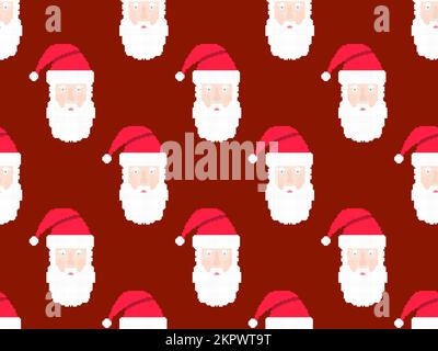 Nahtloses Muster mit dem Weihnachtsmann im Pixel Art-Stil. Verpixeltes Gesicht des Weihnachtsmanns in Retro-Mütze mit 8-Bit-Grafiken. Weihnachtsdesign für die Begrüßung Stock Vektor