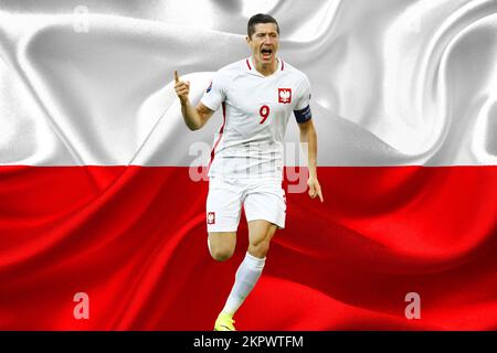 Robert Lewandowski und polnische Flagge Stockfoto