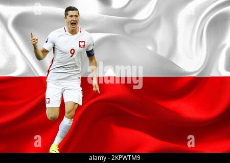 Robert Lewandowski und polnische Flagge Stockfoto