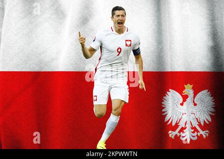 Robert Lewandowski und polnische Flagge Stockfoto