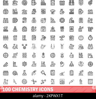 100 Chemie-Symbolsatz. Gliederungsdarstellung von 100 chemischen Symbolen Vektorsatz isoliert auf weißem Hintergrund Stock Vektor